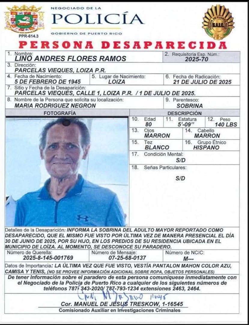 Lino Andrés Flores Ramos, de 80 años, fue reportado desaparecido el año pasado por su sobrina, María Rodríguez Negrón.