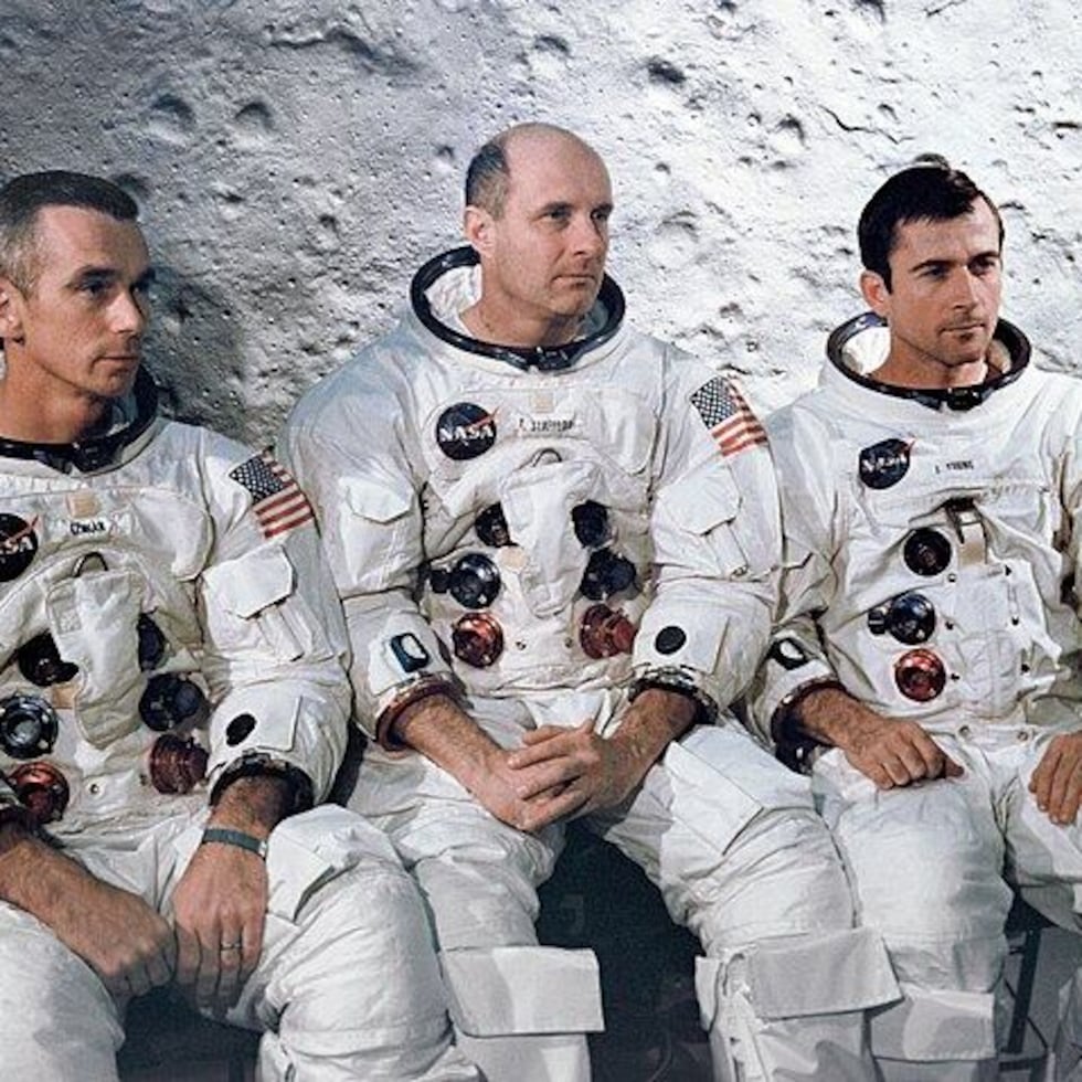 The crew of the Apollo 10 mission. From left to right: lunar module pilot Eugene A. Cernan; commander Thomas P. Stafford; and command module pilot John W. Young.