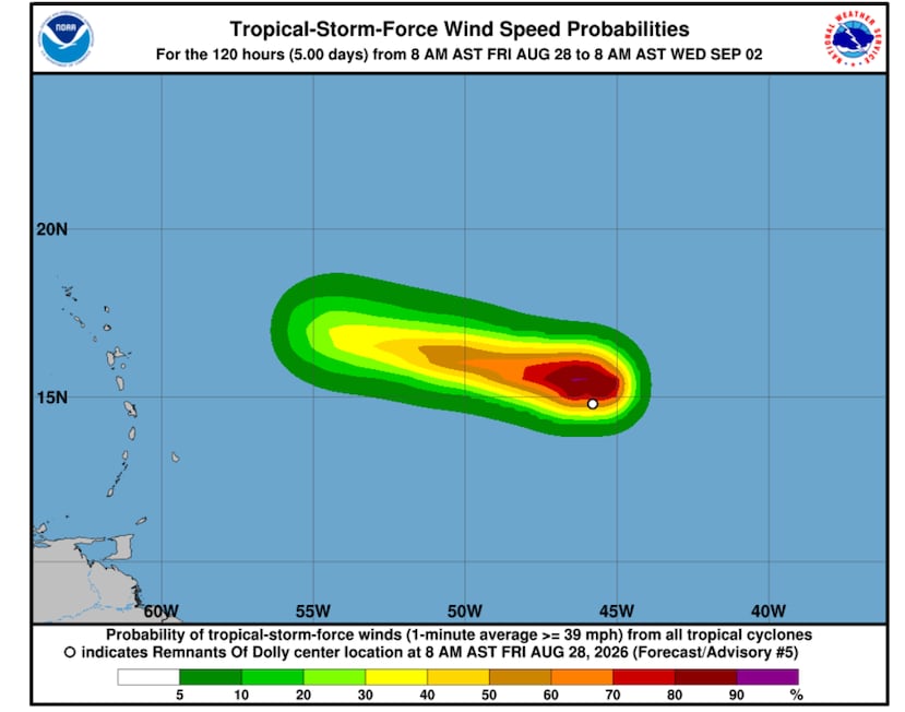 Gráfica actualizada del sistema Dolly, según el Centro Nacional de Huracanes.
