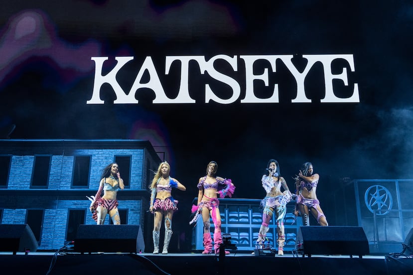 Daniela Avanzini, from left, Yoonchae Jeong, Megan Skiendiel, Sophia Lafortez, and Lara Raj of KATSEYE perform during the first weekend of Coachella Valley Music and Arts Festival on Friday, April 10, 2026, in Indio, Calif. (Photo by Amy Harris/Invision/AP)