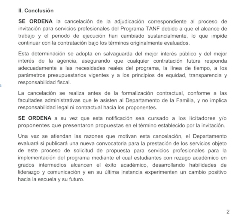 El Departamento de la Familia proveyó copia del Aviso de cancelación de adjudicación de propuesta.