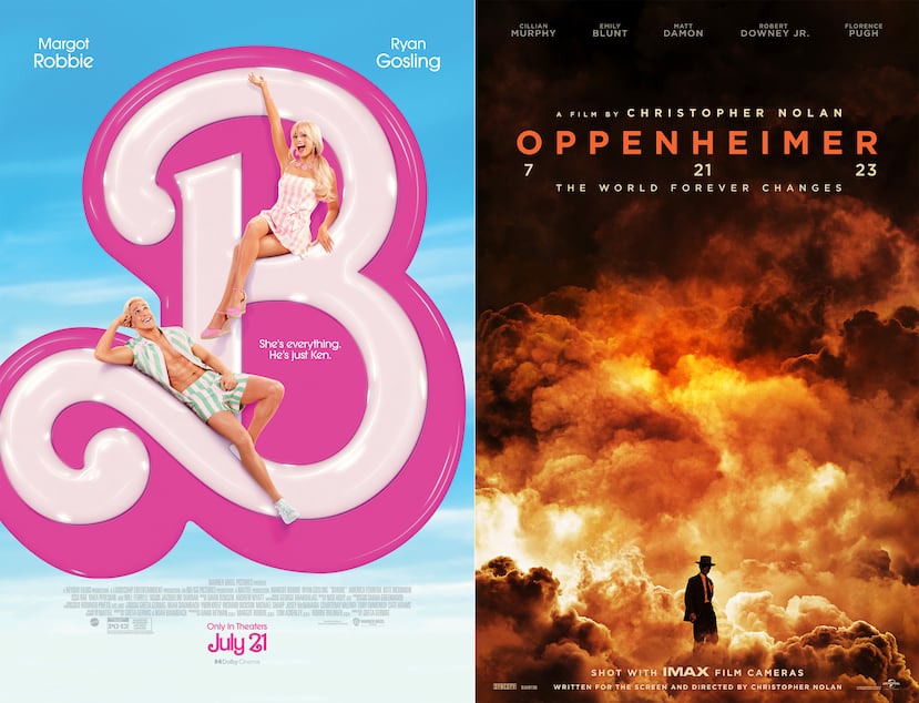 Esta combinación de imágenes muestra el arte promocional de "Barbie", a la izquierda, y "Oppenheimer", a la derecha. (Warner Bros Pictures/Universal Pictures vía AP)