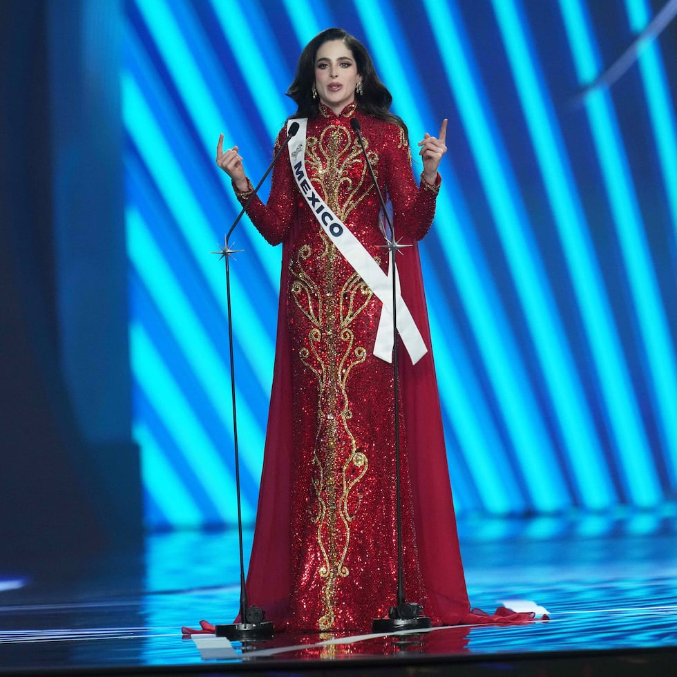 Miss Mexico Fatima Bosch answers questions during the final round of the 74th Miss Universe Beauty Pageant in Nonthaburi province, Thailand, Friday, Nov. 21, 2025. (AP Photo/Sakchai Lalit)