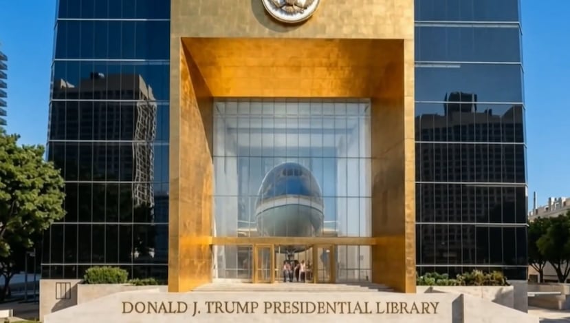 El modelo compartido por el presidente también muestra su imagen en una pantalla fuera del edificio.