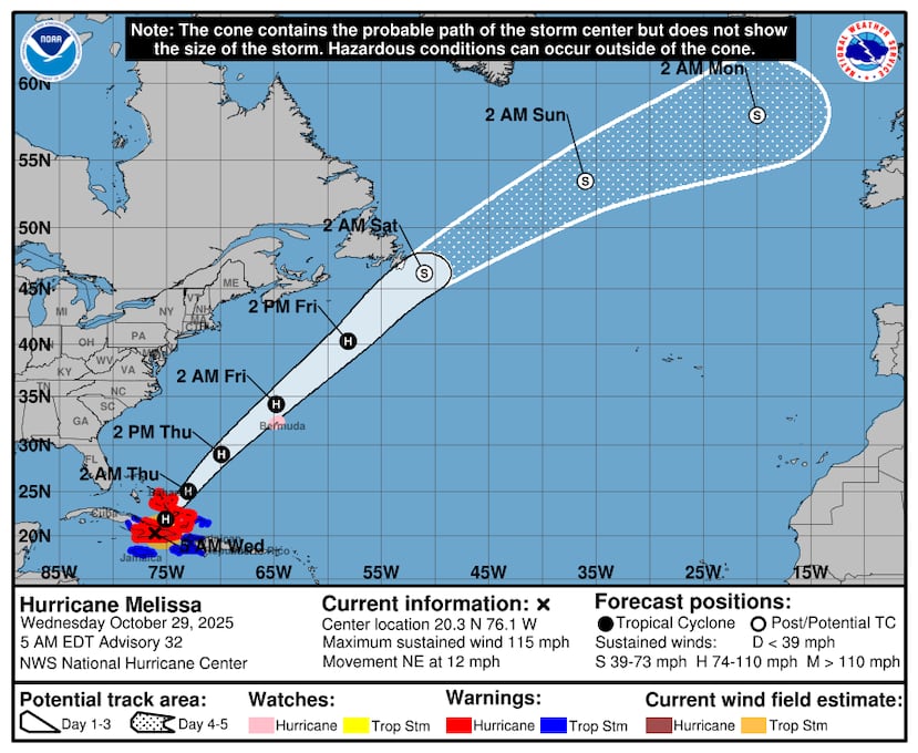 Ubicación del huracán Melissa, según el boletín del Centro Nacional de Huracanes de las 5:00 a.m. del 29 de octubre.