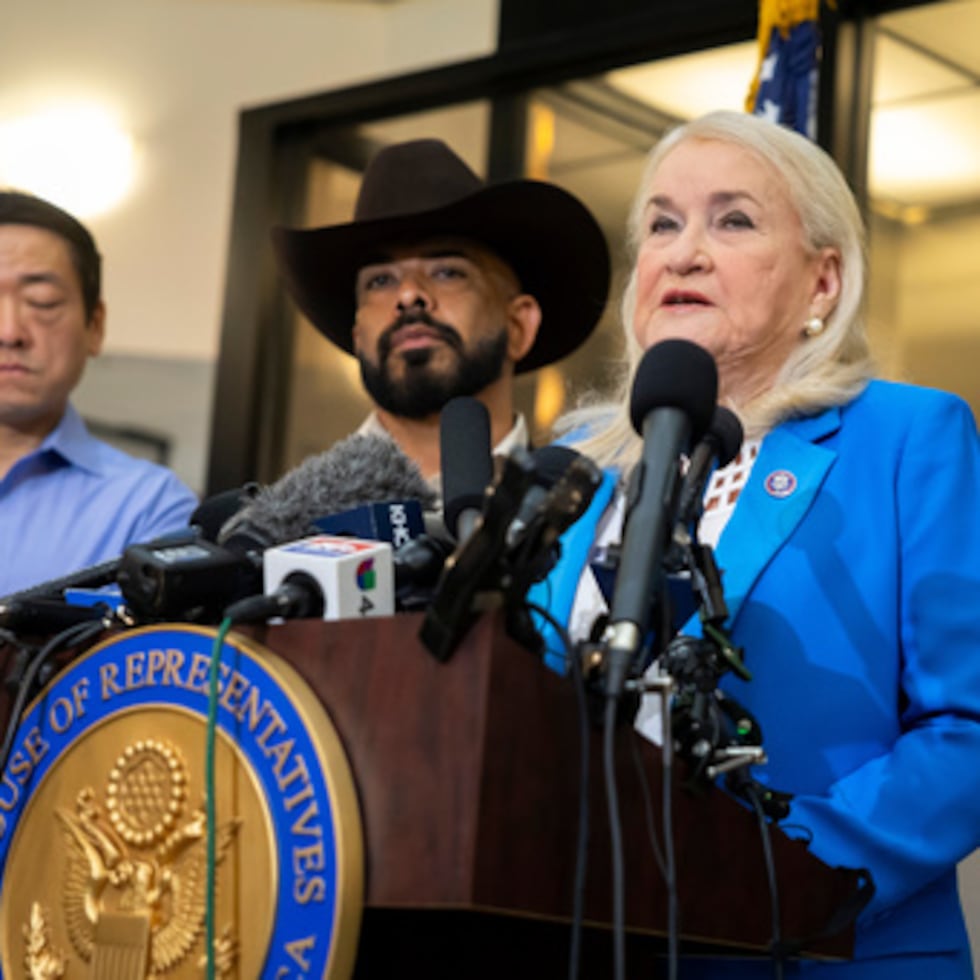 La diputada Sylvia García interviene durante una rueda de prensa sobre su conversación con el director en funciones del ICE, David Venturella, a las puertas de su oficina en Houston, el viernes 10 de julio.