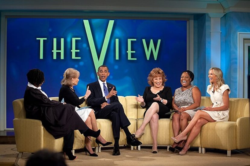 President Barack Obama records an episode of The View at ABC Studios in New York, N.Y., July 28, 2010. Barbara Walters, Whoopi Goldberg, Joy Behar, Elisabeth Hasselbeck, and Sherri Shepherd are pictured. (Official White House Photo by Pete Souza)