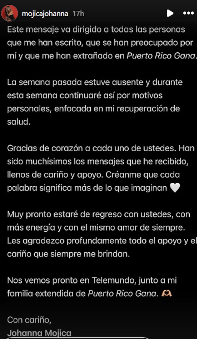 Publicación de Johanna Mojica en Instagram.