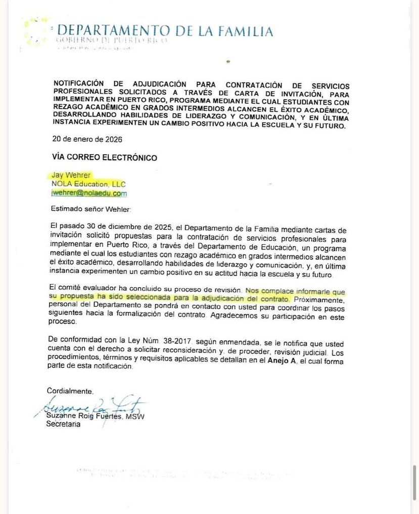 Notificación de adjudicación para contratación, con fecha del 20 de enero de 2026.
