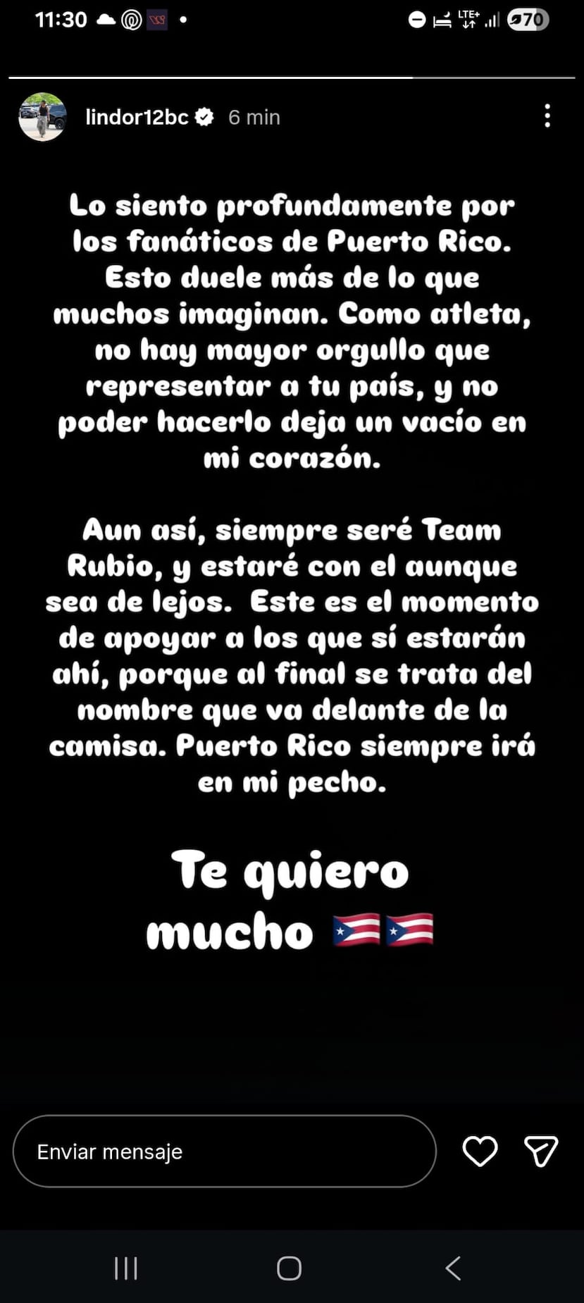 Mensaje de Lindor en su cuenta de Instagram.