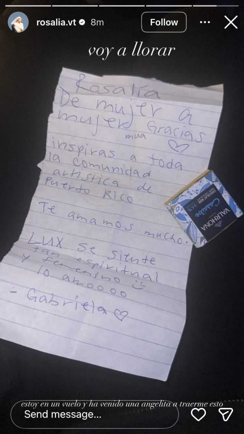 Captura de pantalla con la carta compartida por la artista en sus redes sociales.