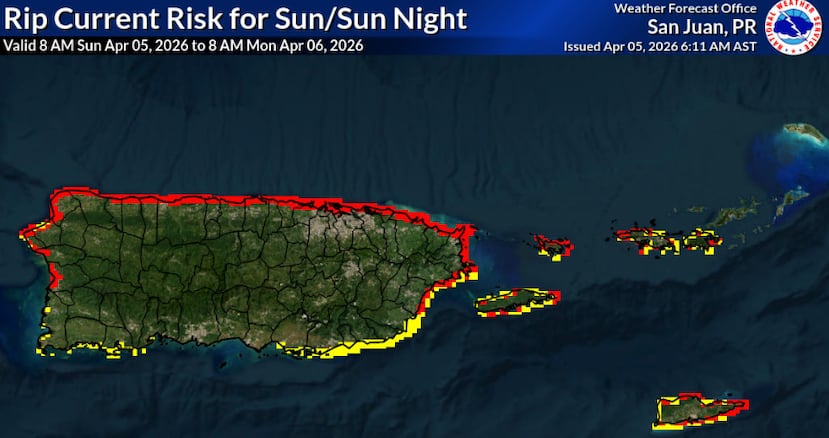 El Servicio Nacional de Meteorología en San Juan informó que se mantiene un riesgo elevado de corrientes marinas para la costa norte, desde Rincón hasta Fajardo.