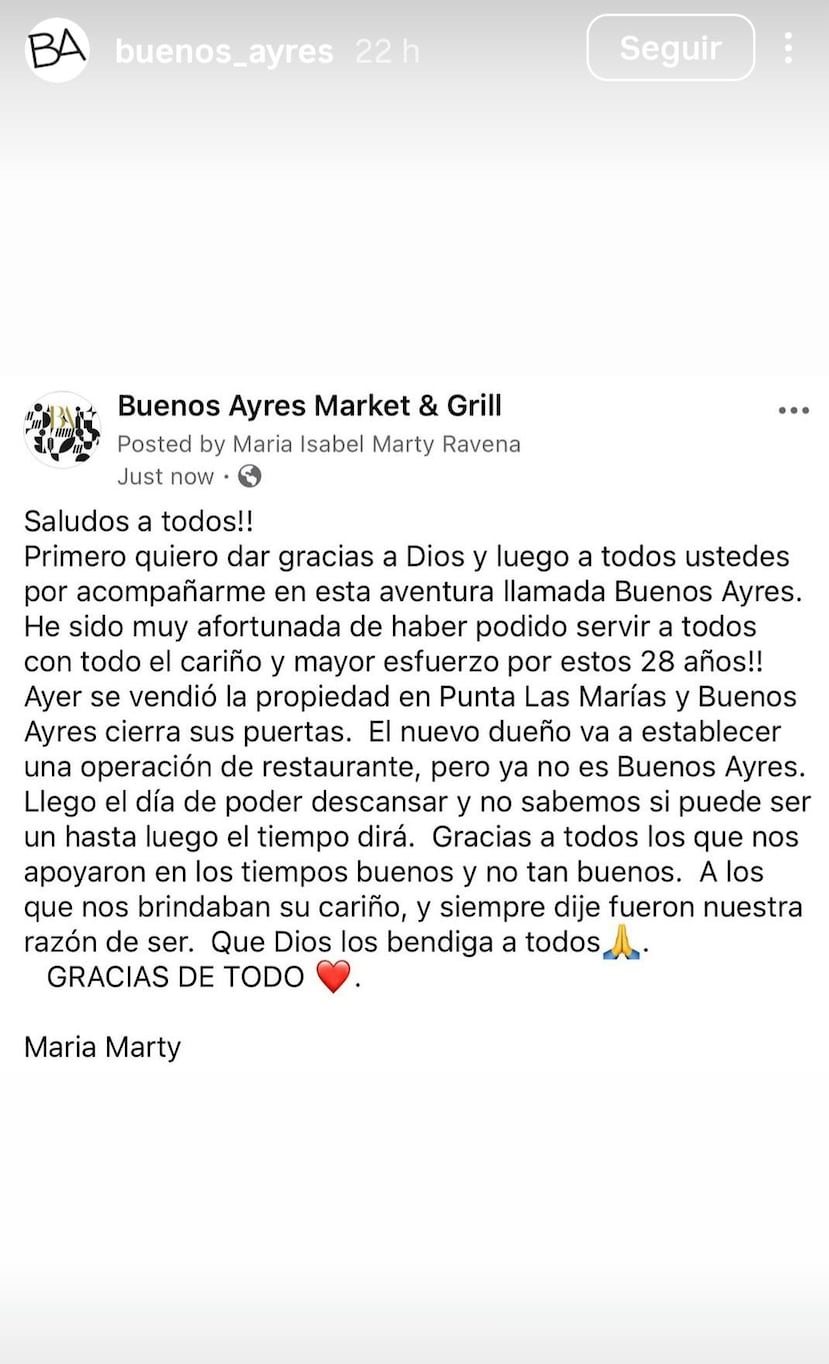 Captura del mensaje que María Marty publicó en redes sociales.