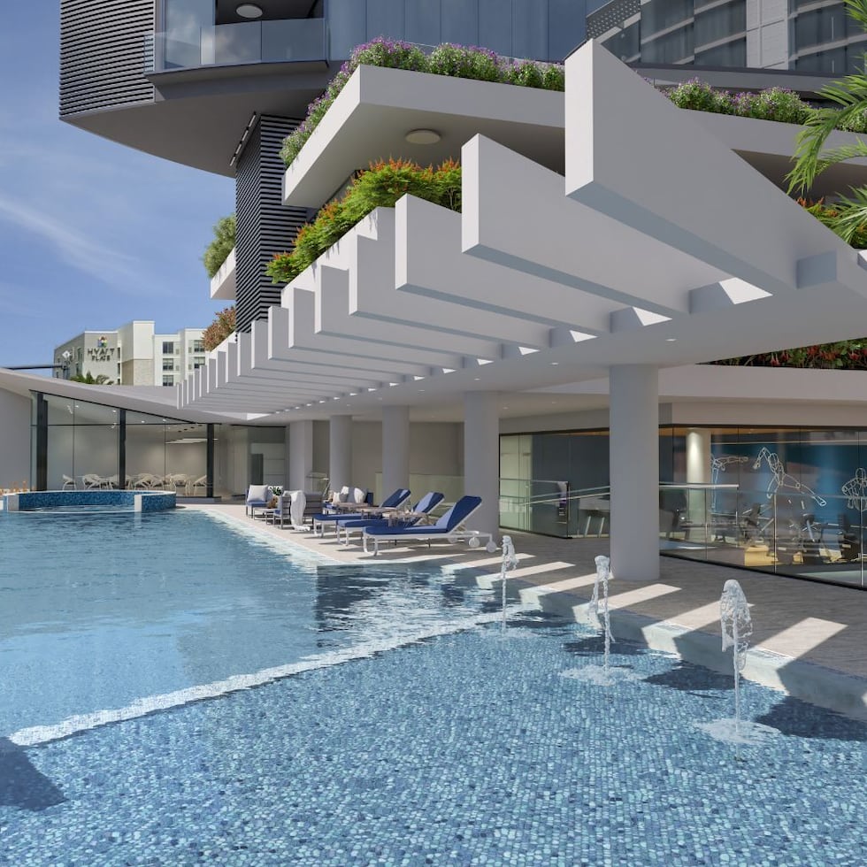 Así se proyecta que luzca el área de la piscina de la torre de lujo Opus Miramar, en el Distrito de Convenciones.