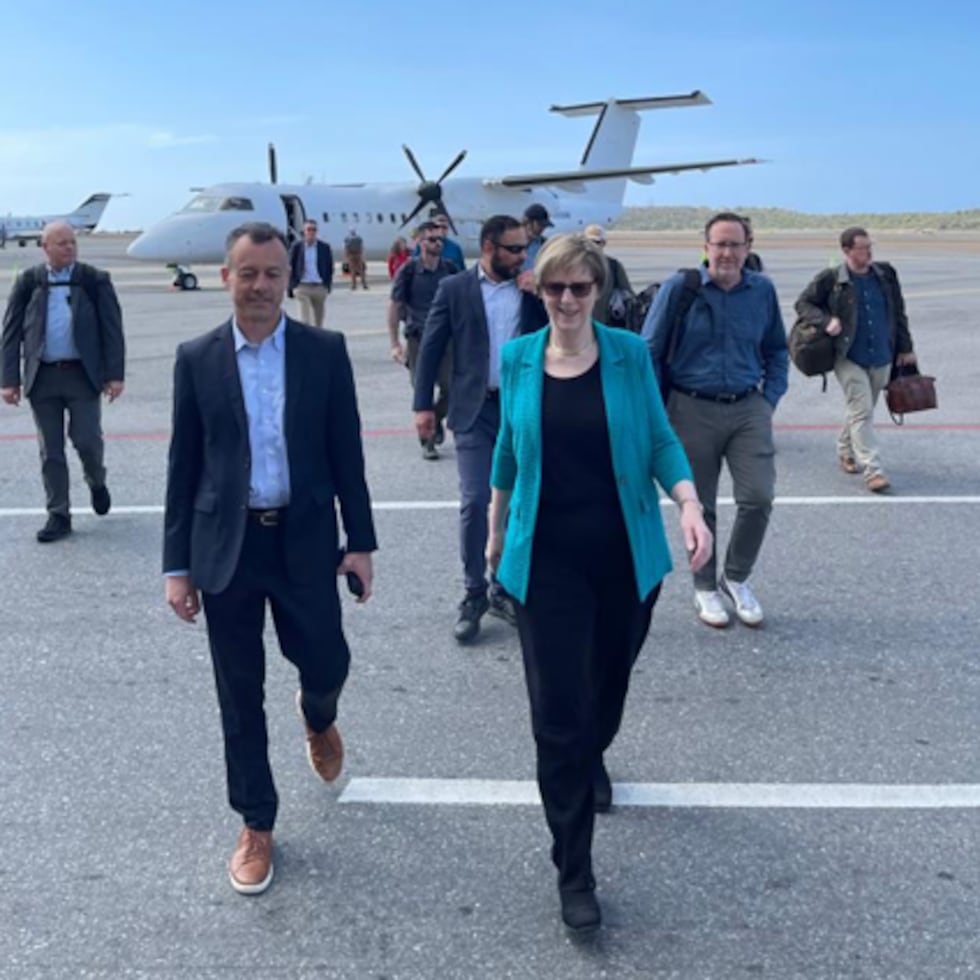 Fotografía cedida de la embajadora Laura Dogu (c) a su llegada al aeropuerto Internacional Simón Bolívar en Maiquetía.