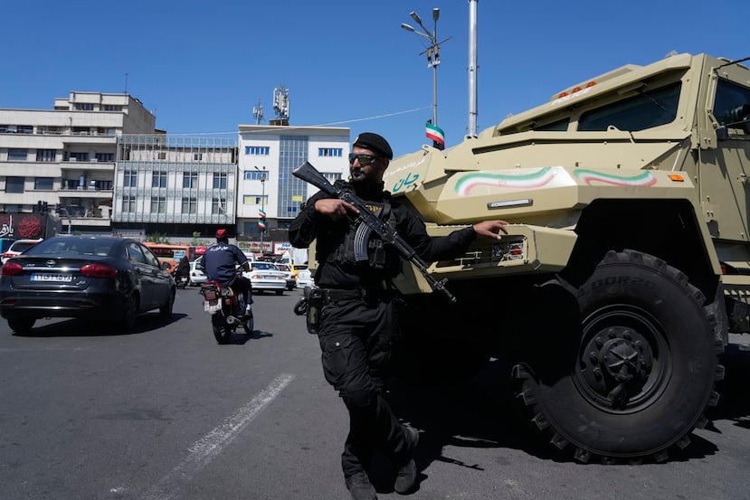 A member of Iran's police special forces stands guard in Tehran, Iran, Friday, April 24, 2026. (AP Photo/Vahid Salemi)