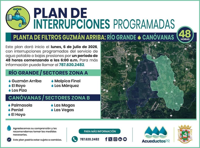 La gráfica muestra las zonas impactadas por el racionamiento de la AAA.