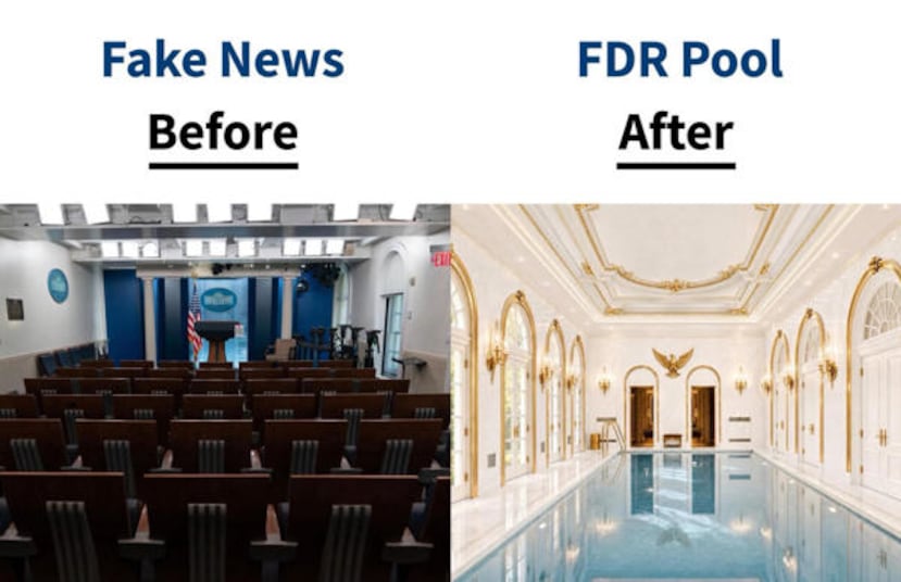 Imagen tomada de la cuenta oficial en la red social Truth del presidente de Estados Unidos, Donald Trump, quien insinuó este domingo que construirá una piscina en el lugar que ocupa actualmente la sala de prensa de la Casa Blanca, en medio de su nueva ofensiva contra los medios de comunicación.