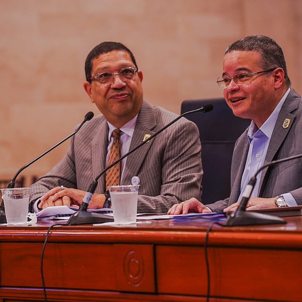 El secretario de Salud, Víctor Ramos (derecha), y el director ejecutivo de la Administración de Seguros de Salud (Ases), Carlos Santiago Rosario (izquierda), participaron en una vista de la Comisión de Gobierno del Senado.