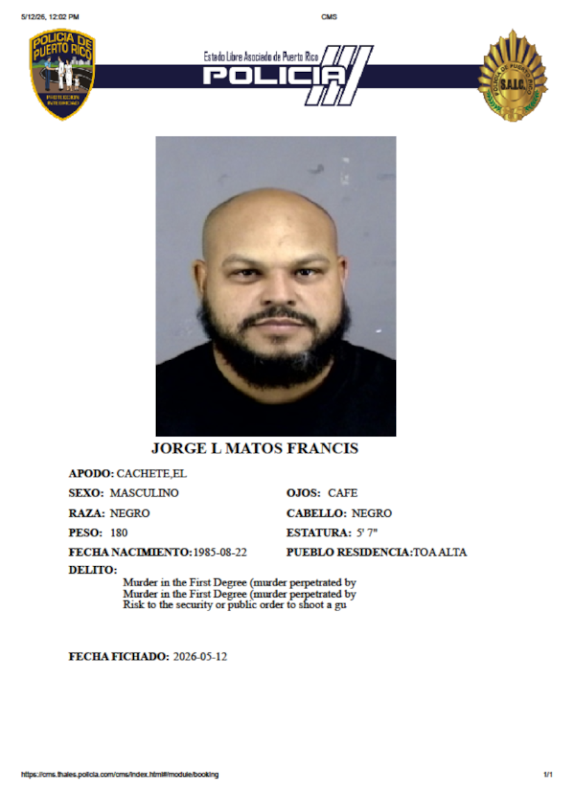 Agentes de la División de Inteligencia y Arrestos Especiales de la Uniformada diligenciaron el arresto de Jorge Luis Matos Francis, alias “Cachete”, de 39 años y residente en Toa Alta, contra quien pesaba una orden de arresto por el asesinato de Benjamín Maldonado Luciano, de 59, el pasado 29 de abril en la carretera PR-866.