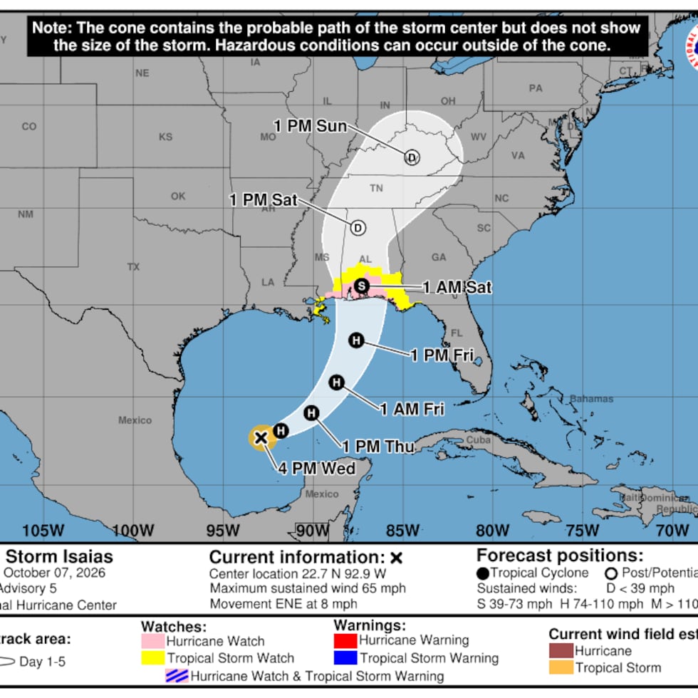 La tormenta tropical Isaías se podría convertir en huracán este jueves y se acercará el viernes a la costa norte del golfo de México.