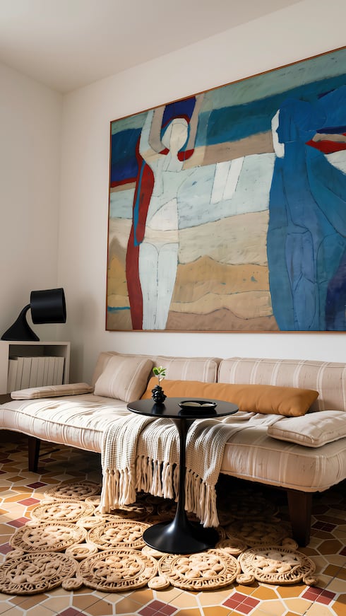 La sala de la residencia en la urbanización Floral Park en Hato Rey, construida en la década de 1930, incluye un "daybed" vintage hecho en Puerto Rico en la década de 1960. Además, tiene la pieza "Mujer frente al mar" de Luis Hernández Cruz, y "The Saddest Lamp" de Reynols Rodríguez.