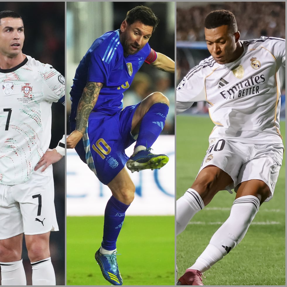 Cristiano Ronaldo, Lionel Messi y Kylian Mbappé.