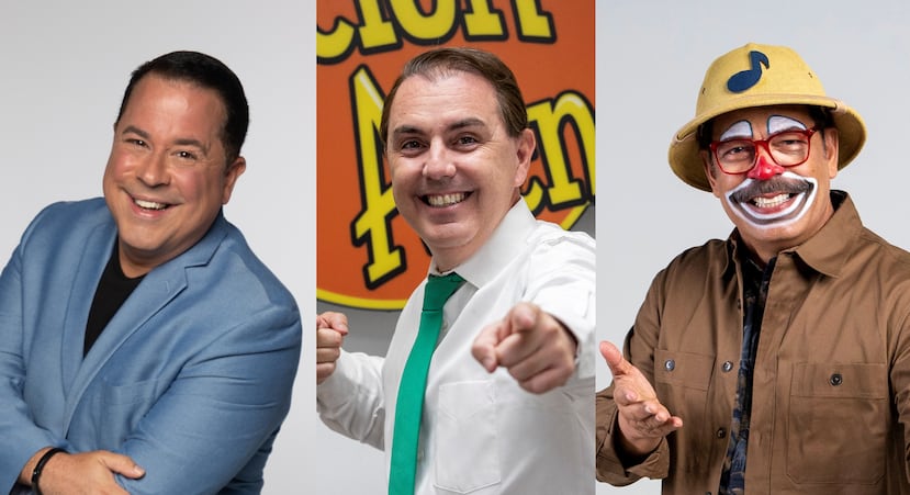De izquierda a derecha, tres de los artistas con personajes infantiles activos en la televisión local: Emanuel Soltero "Shabum"; Víctor Ruvera, de Atención Atención; y José Vega "Reml".