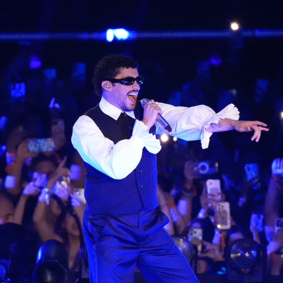Bad Bunny performs during Spotify's Billions Club Live show at Tipstar Dome Chiba in Tokyo, Japan.
