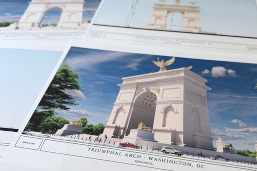 Renders de artistas y diagramas para el nuevo arco de triunfo del presidente Donald Trump publicados por la Comisión de Bellas Artes de EE.UU. que se planea construir en Washington entre el Lincoln Memorial y el Cementerio Nacional de Arlington, son fotografiados el viernes 10 de abril de 2026. (AP Photo/Jon Elswick)