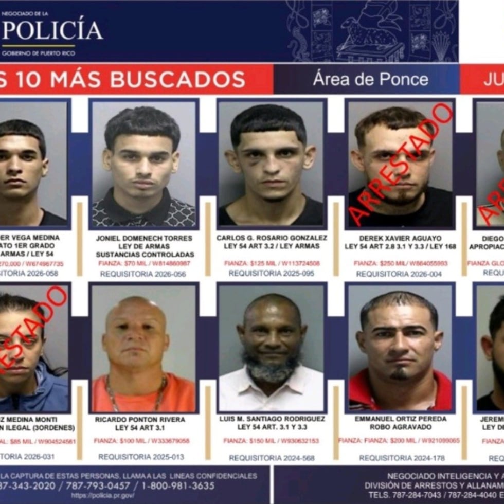 La lista de los fugitivos más buscados en el área policíaca de Ponce la encabeza Alexander Vega Medina, acusado en ausencia por un asesinato en La Guancha.