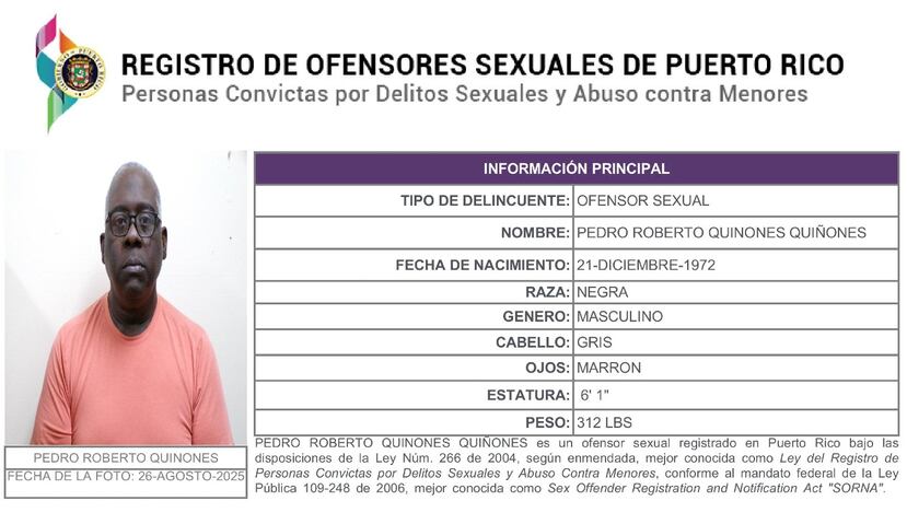 Pedro R. Quiñones Quiñones, de 53 años yresidente en Vega Alta, está registrado en el Registro de Ofensores Sexuales de la Policía de Puerto Rico.