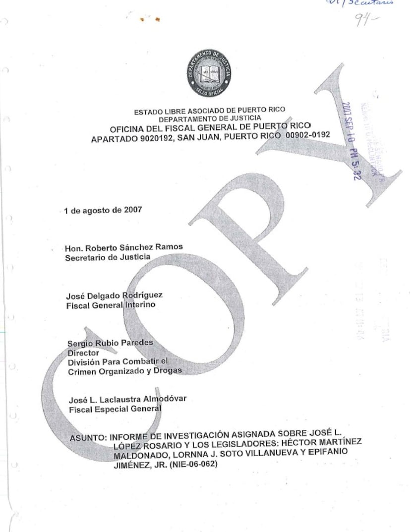 Portada del informe del Departamento de Justicia sobre el caso de “Coquito”. Debido a que tiene información que podría ser clasificada como confidencial, El Nuevo Día no publicará el documento íntegro.