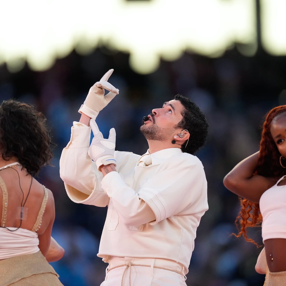Bad Bunny performs during halftime of the NFL Super Bowl 60 football game between the New England Patriots and the Seattle Seahawks, Sunday, Feb. 8, 2026, in Santa Clara, Calif. (AP Photo/Mark J. Terrill)