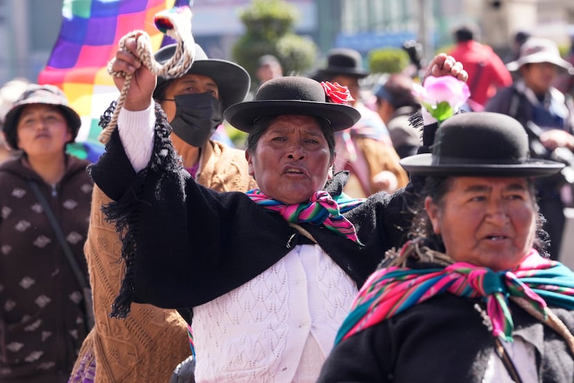 Demonstrators hold an anti-government protest in La Paz, Bolivia, Wednesday, May 27, 2026. (AP Photo/Juan Karita)