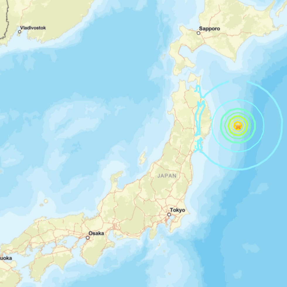 Esta imagen del Servicio Geológico de Estados Unidos muestra la localización del epicentro del sismo, que se ubicó en aguas situadas frente a la costa de la prefectura de Iwate.