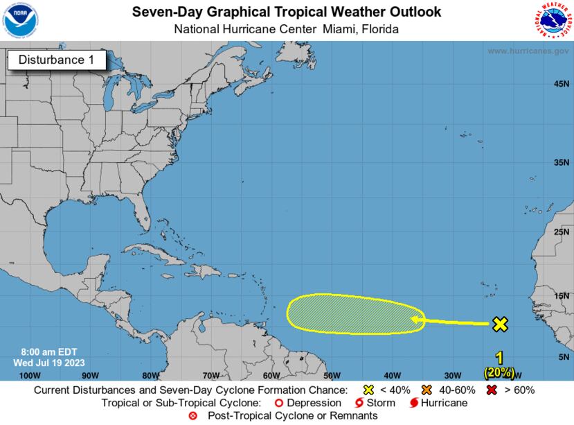 Este mapa marca la zona de posible desarrollo de una onda tropical al oeste de África. Este mapa no representa una trayectoria oficial y corresponde al análisis de las 8:00 a.m. el 19 de julio de 2023.