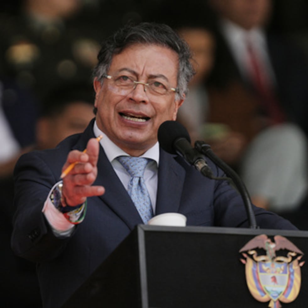 Colombian President Gustavo Petro speaks during the swearing-in ceremony of Gen. William Rincon as the new national police director in Bogota, Colombia, Friday, Oct. 24, 2025. (AP Photo/Ivan Valencia)