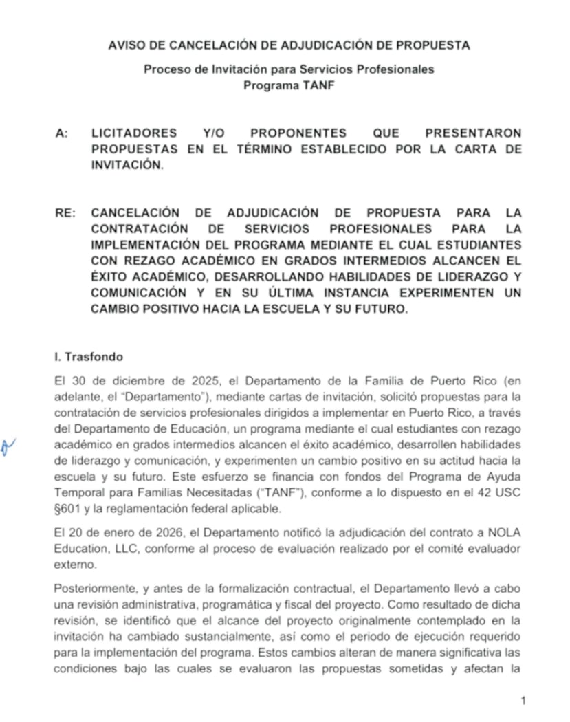 Aviso de cancelación de Adjudicación de propuesta.