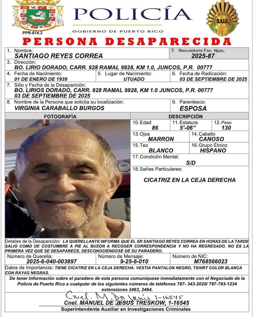 La requisitoria de persona desaparecida que emitió la Policía en el caso de Santiago Reyes Correa, de 86 años, en Juncos.