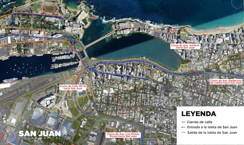 Mapa que muestra la logística por el evento del equipo de Mercedes-AMG PETRONAS en el puente Dos Hermanos, en San Juan.