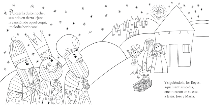 La ilustración, creada por Nívea Ortiz Montañez, es parte del libro Un Coquí de Boriquén con los Reyes a Belén. Utiliza tus colores favoritos para colorearla.