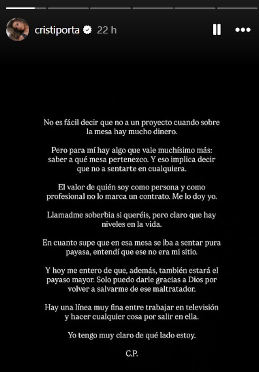 Publicación de Cristina Porta en Instagram.