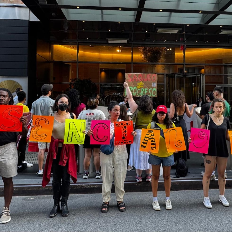 The demonstration took place Tuesday outside the Mandarin Oriental hotel in New York City, one of the hotels that may be included in the proposed mixed-use hotel and residential development.