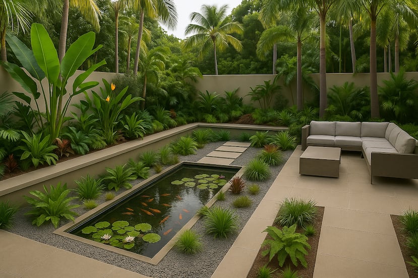 Parte del hueco de una piscina se puede convertir en un estanque para plantas acuáticas y peces, rodeado de un jardín de lluvia, como se ilustra en esta imagen generada con IA.