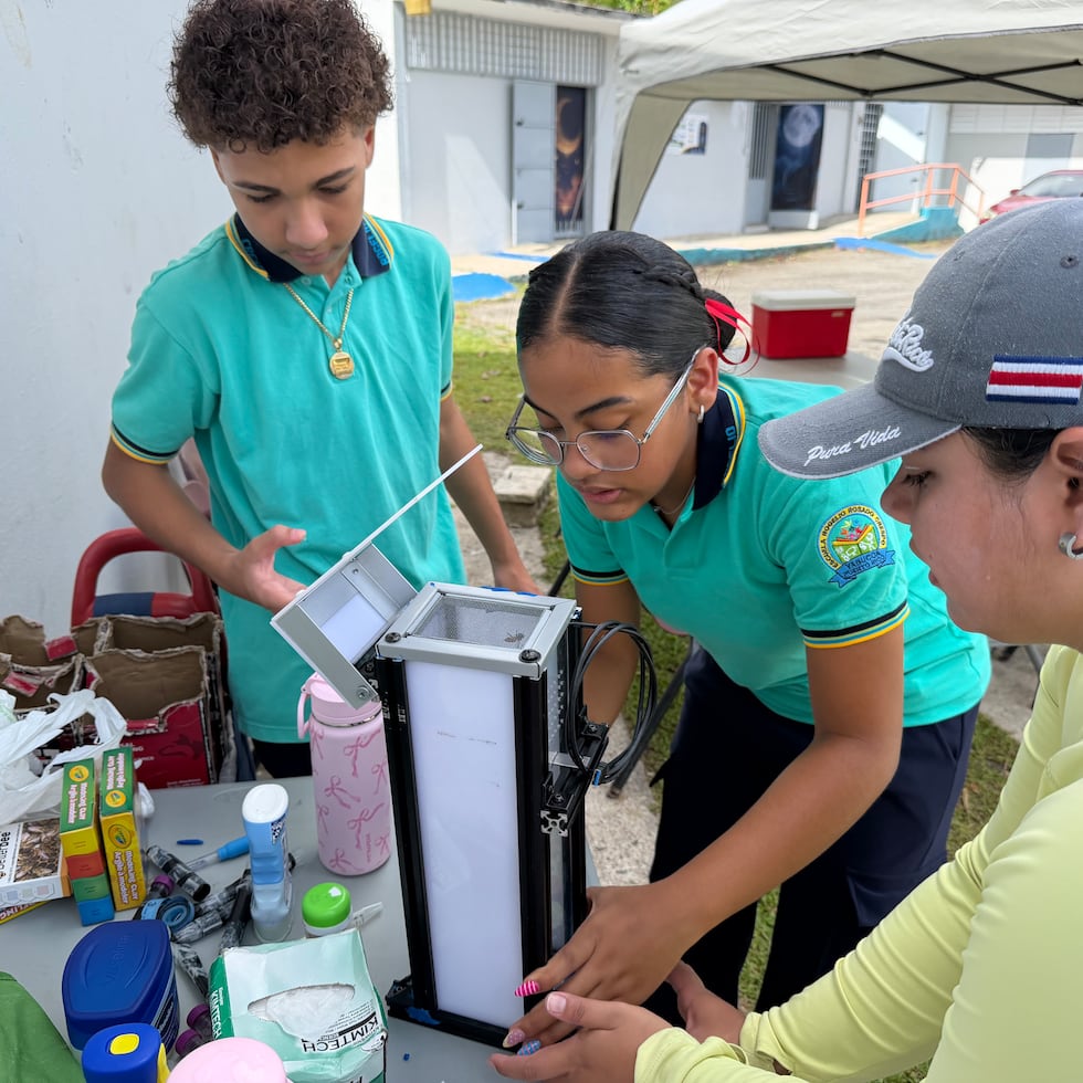 Estudiantes de la Escuela Rogelio Rosado Crespo, de Yabucoa, y Ariana Rodríguez, estudiante graduada de la Universidad de Puerto Rico en Río Piedras, son parte del equipo conjunto que trabaja en “Bee Hunting”, proyecto piloto de Arecibo C3 para estudiar a las abejas de Puerto Rico.