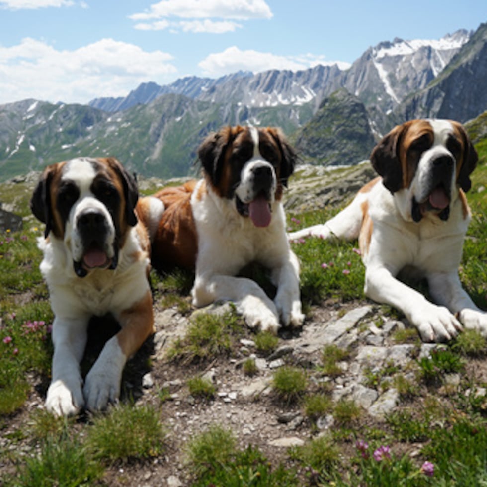 Perros de San Bernardo de la Fundación Barry descansan en las colinas del Paso de San Bernardo, en Suiza, el lunes 22 de junio de 2026. (Foto AP/Jez Fielder)
