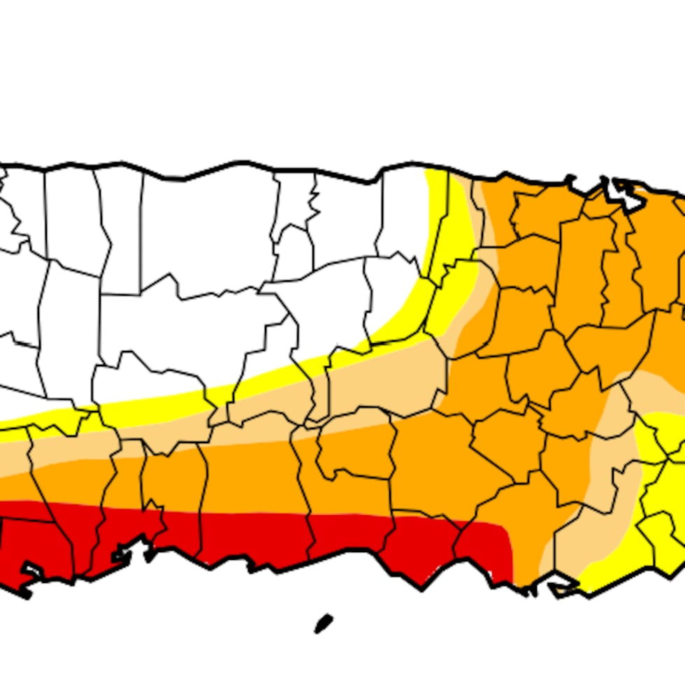 Las zonas en sequía extrema se ven en color rojo, mientras las zonas libres de sequía se observan en blanco.