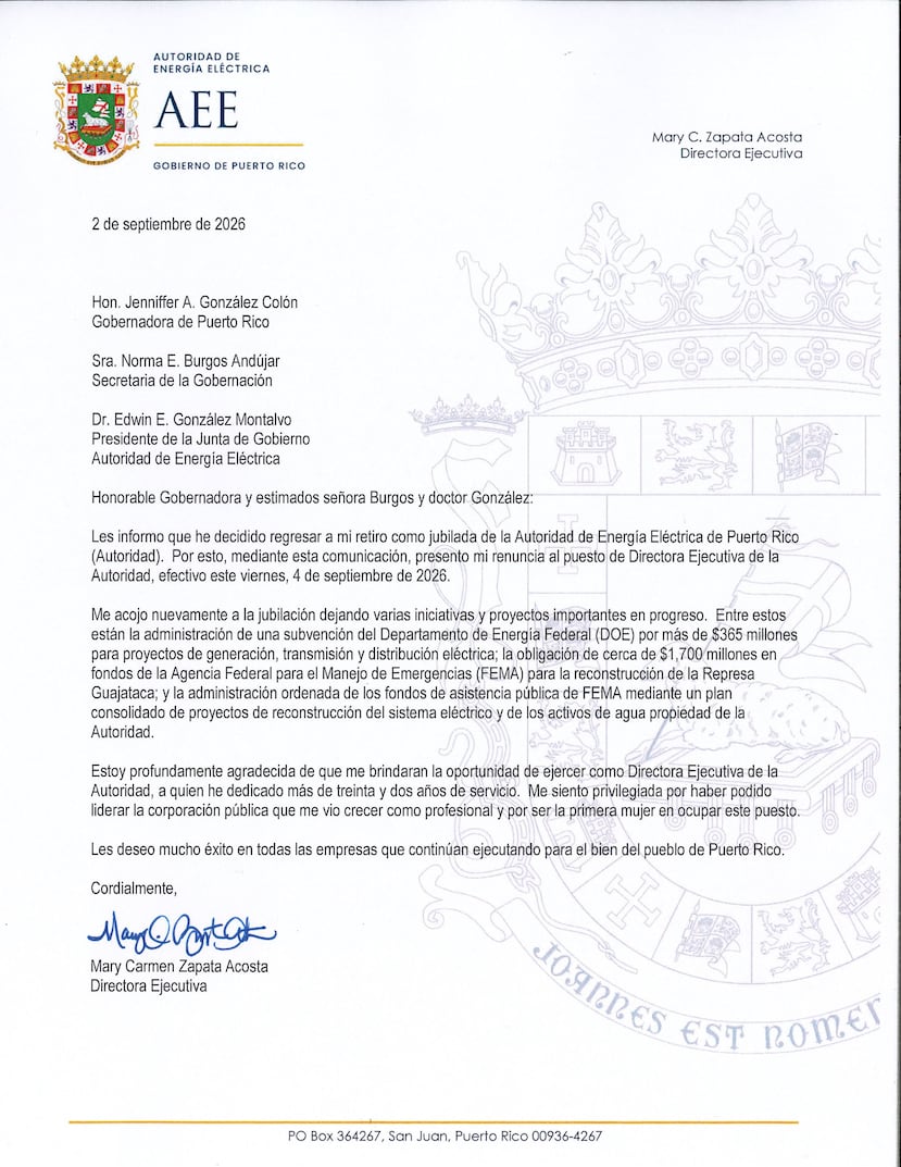 Misiva cursada por la ahora exdirectora ejecutiva de la Autoridad de Energía Eléctrica.