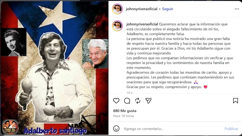 Mensaje en el que se desmiente la muerte de Adalberto Santiago.
